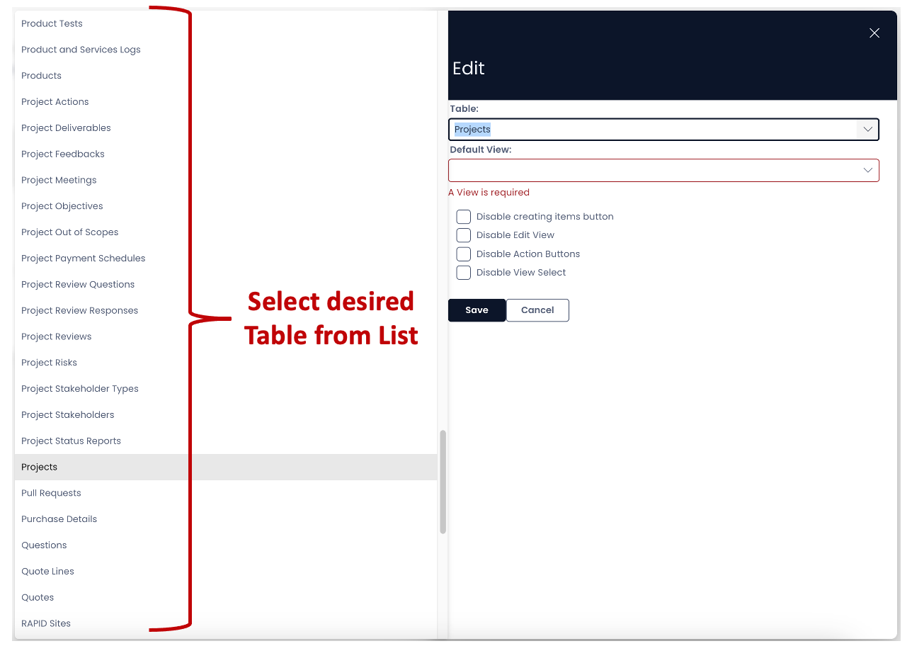 Selecting a table